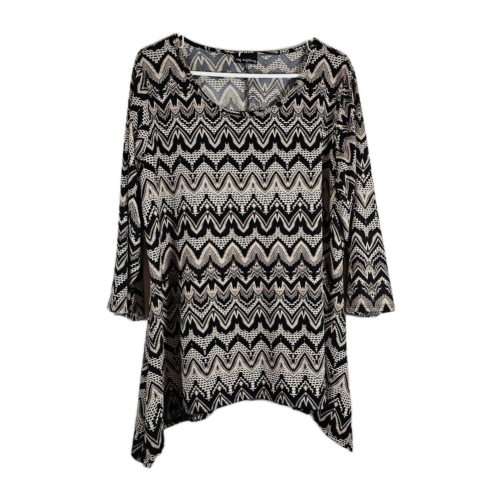 Say Anything Stretch Blouse Size 1X 3/4 Sleeve Longer Sides Brown Black Geo